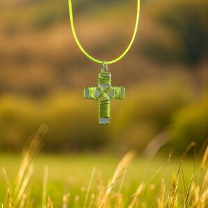 Green Metal wire made cross on green thong necklace  18 inch